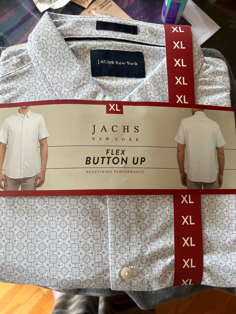 JACHS New York Men’s White Geometric Flex Button-Up Shirt (XL)